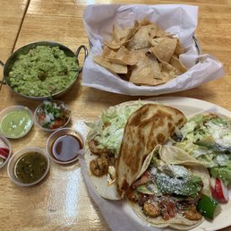 Shrimp Taco, Quesadilla and Tostada Combo with Grilled Shrimp & Guacamole and Chips