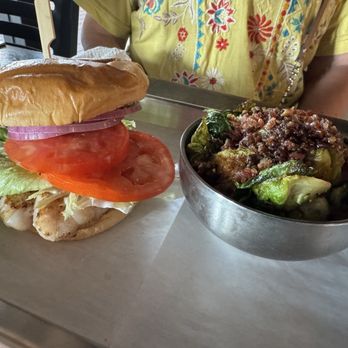 Bone Hook Brewing Company - Grouper sandwich and side of brussel sprouts - Breweries Near Me - Naples, Florida Bone Hook Brewing Company - Grouper sandwich and side of brussel sprouts - Breweries Near Me - Naples, Florida