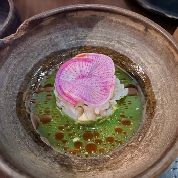 Jun - Gulf shrimp aguachile with avocado, taro, shrimp oil - New American Near Me - Houston, Texas