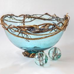 Salish Sea Market - Fishing Float Glass Bowl with kelp and silver by Errington artist Kim Naylor of Keeping Afloat