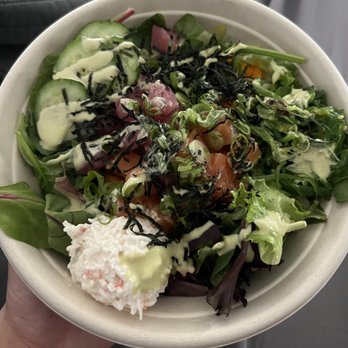 Maka Poke - Medium bowl with salmon and tuna on top of salad and wasabi aioli dressing and sesame oil - Hawaiian Near Me - Foothill Ranch, California Maka Poke - Medium bowl with salmon and tuna on top of salad and wasabi aioli dressing and sesame oil - Hawaiian Near Me - Foothill Ranch, California