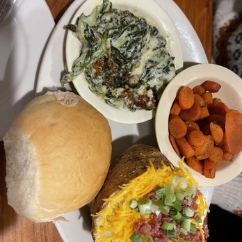 JW's Steakhouse - Veggie plate: spinach casserole, carrots, baked potato - Steakhouses Near Me - Carmine, Texas