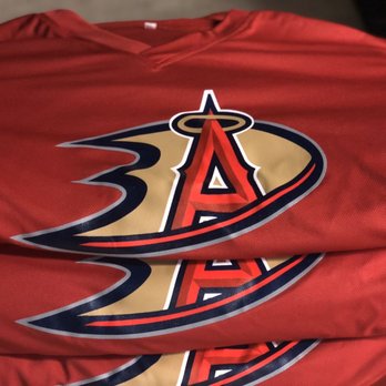 Absolute Graphics - Custom made Promotional jerseys made for Angel's Ducks night at Angel Stadium. - Screen Printing/T-Shirt Printing Near Me - La Habra, California Absolute Graphics - Custom made Promotional jerseys made for Angel's Ducks night at Angel Stadium. - Screen Printing/T-Shirt Printing Near Me - La Habra, California