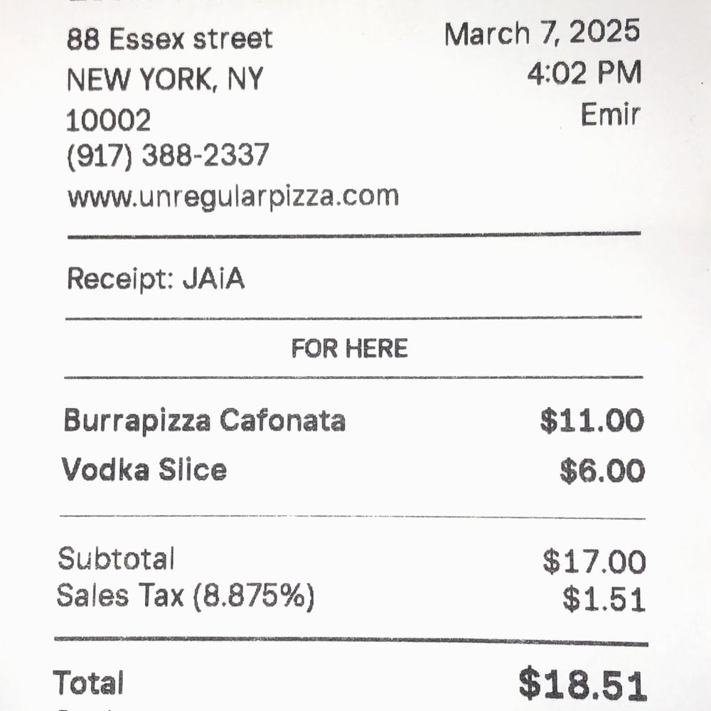 Unregular Pizza - My Receipt - Pizza Near Me - New York, New York Unregular Pizza - My Receipt - Pizza Near Me - New York, New York