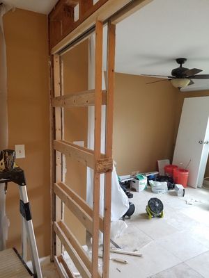 Bedroom renovation - This was a two bedroom that a wall was taken out and became a large one bedroom.Pocket door was put in to fill in the two doors that entered the rooms. Bedroom renovation - This was a two bedroom that a wall was taken out and became a large one bedroom.Pocket door was put in to fill in the two doors that entered the rooms.