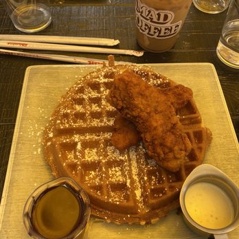 Rafael's Kitchen - Chicken and waffle with churro latte in the back. - Breakfast & Brunch Near Me - Santa Ana, California Rafael's Kitchen - Chicken and waffle with churro latte in the back. - Breakfast & Brunch Near Me - Santa Ana, California