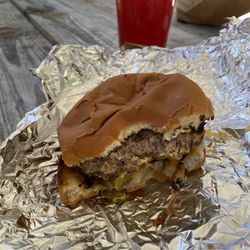 Mamma’s Super Burgers - Cheeseburger with grilled onions and jalapeños