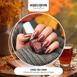 Jacques Couture Nail & Beauty Salon - Almond shape with simple brown glitter polish -- minimalist, chic, and full of warm fall charm.  Reserve your style today!