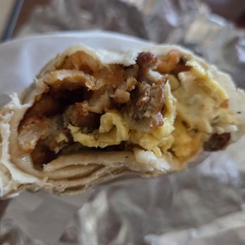Monty's Alhambra  - Cross section of breakfast burrito with sausage - Chicken Shop Near Me - Alhambra, California