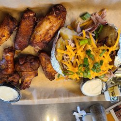 Barn-B-Que Smokehouse - 6 wings and loaded baked potato w/ pulled pork.