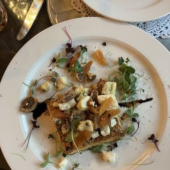 Restaurant Julen - Feta cheese with dried fig and apricot torte as a starter. - Swiss Food Near Me - Zermatt, VS Restaurant Julen - Feta cheese with dried fig and apricot torte as a starter. - Swiss Food Near Me - Zermatt, VS