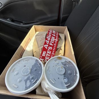 Pete's Fish & Chips - how the food is packaged and given to you + petes 1$ sticker - Fish & Chips Near Me - Phoenix, Arizona Pete's Fish & Chips - how the food is packaged and given to you + petes 1$ sticker - Fish & Chips Near Me - Phoenix, Arizona