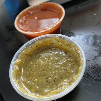 El Burrito Express - Red (hot) and Green (mild) salsa cups - Mexican Near Me - San Francisco, California El Burrito Express - Red (hot) and Green (mild) salsa cups - Mexican Near Me - San Francisco, California