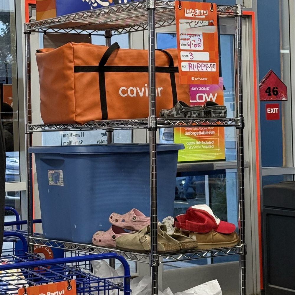 Sky Zone Trampoline Park - Rack for storing party supplies, gifts and kids' shoes attending the party - Trampoline Parks Near Me - Dublin, California Sky Zone Trampoline Park - Rack for storing party supplies, gifts and kids' shoes attending the party - Trampoline Parks Near Me - Dublin, California