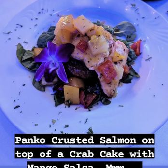 Sea Basin Restaurant - Beautifully prepared and tasty! Pablo Crusted Salmon over Crab-cake with Mango Salsa. - Seafood Near Me - Rocky Point, New York