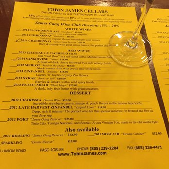 Tobin James Cellars - Tasting list. - Wineries Near Me - Paso Robles, California Tobin James Cellars - Tasting list. - Wineries Near Me - Paso Robles, California