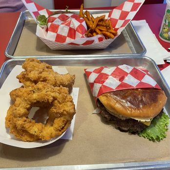 TMG Burger Grill - Cheeseburger with onion rings, kids cheeseburger with sweet potato fries - Burgers Near Me - Katy, Texas TMG Burger Grill - Cheeseburger with onion rings, kids cheeseburger with sweet potato fries - Burgers Near Me - Katy, Texas