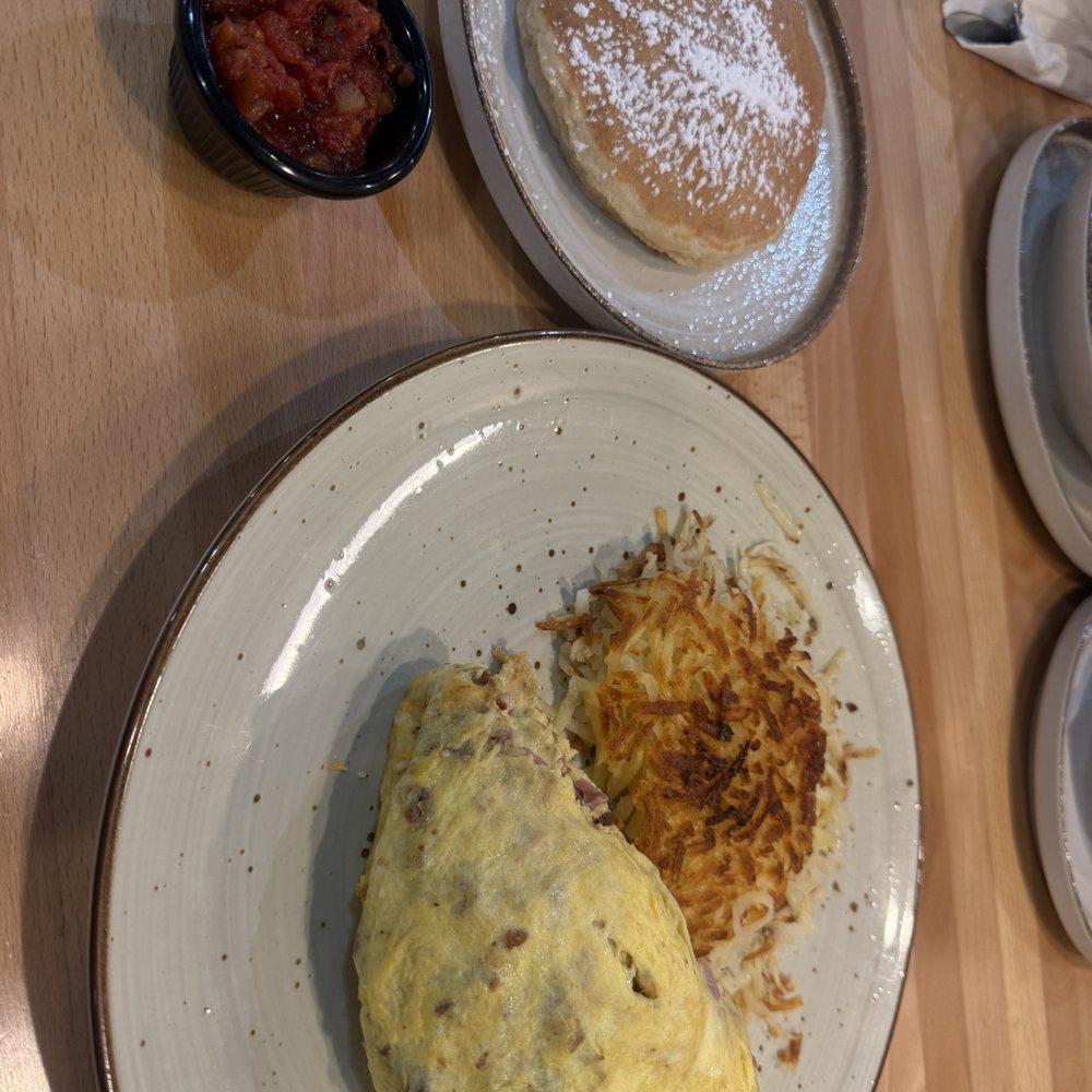Eggcited Brunch House - Cowboy omelet with hash browns and pancakes. - Breakfast & Brunch Near Me - McKinney, Texas Eggcited Brunch House - Cowboy omelet with hash browns and pancakes. - Breakfast & Brunch Near Me - McKinney, Texas