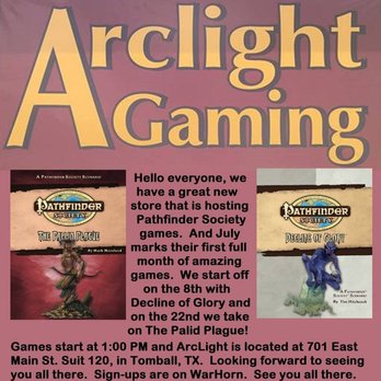Arclight Gaming - Arclight Gaming Pathfinder RPG Game Schedule - Tabletop Games Near Me - Spring, Texas