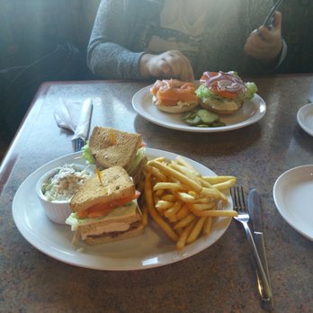 West End Diner - Traditional Chicken Club in the front; Smoked Salmon bagel in the back. - Diners Near Me - Hamilton, Ontario