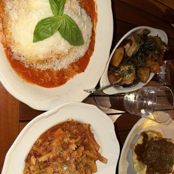 Ciccio Mio - Left: CHICKEN PARMESAN; right: TAGLIATELLE CARBONARA top: VESUVIO POTATOES - Italian Near Me - Chicago, Illinois
