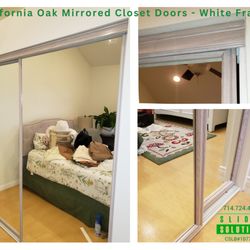 Slider Solutions - California Oak mirrored sliding closet door. White washed frame.