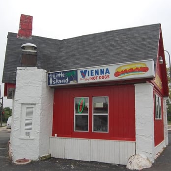 Little Island - a red and white building with a sign that says little island vienna - Hot Dogs Near Me - Evanston, Illinois