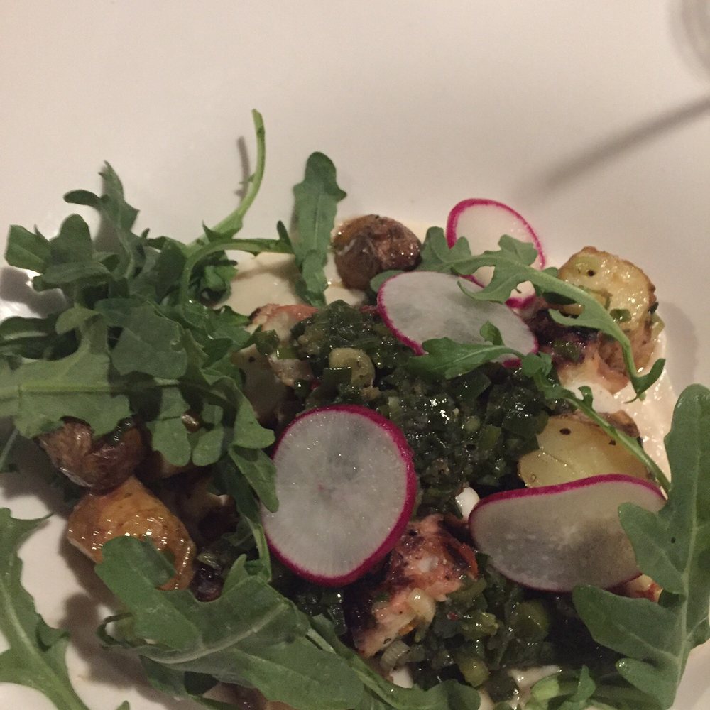 The Burnham Restaurant - Octopus under the arugula and radishes, with fingerling potatoes, in a tangy sauce. Very, very good. - New American Near Me - Cleveland, Ohio