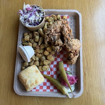 Baby Bear Biscuits - Fried chicken, fried okra, slaw, biscuit, and pickled veggies - Southern Near Me - San Luis Obispo, California Baby Bear Biscuits - Fried chicken, fried okra, slaw, biscuit, and pickled veggies - Southern Near Me - San Luis Obispo, California