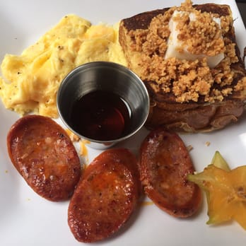 Anuenue Cafe - Haupia French toast with Portuguese sausage - Cafes Near Me - Koloa, Hawaii