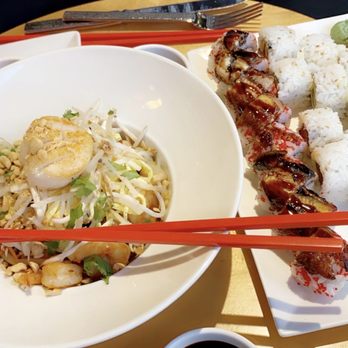 Red Ginger - Left: Seafood Pad Thai, Right: sushi trio - Asian Fusion Near Me - Traverse City, Michigan