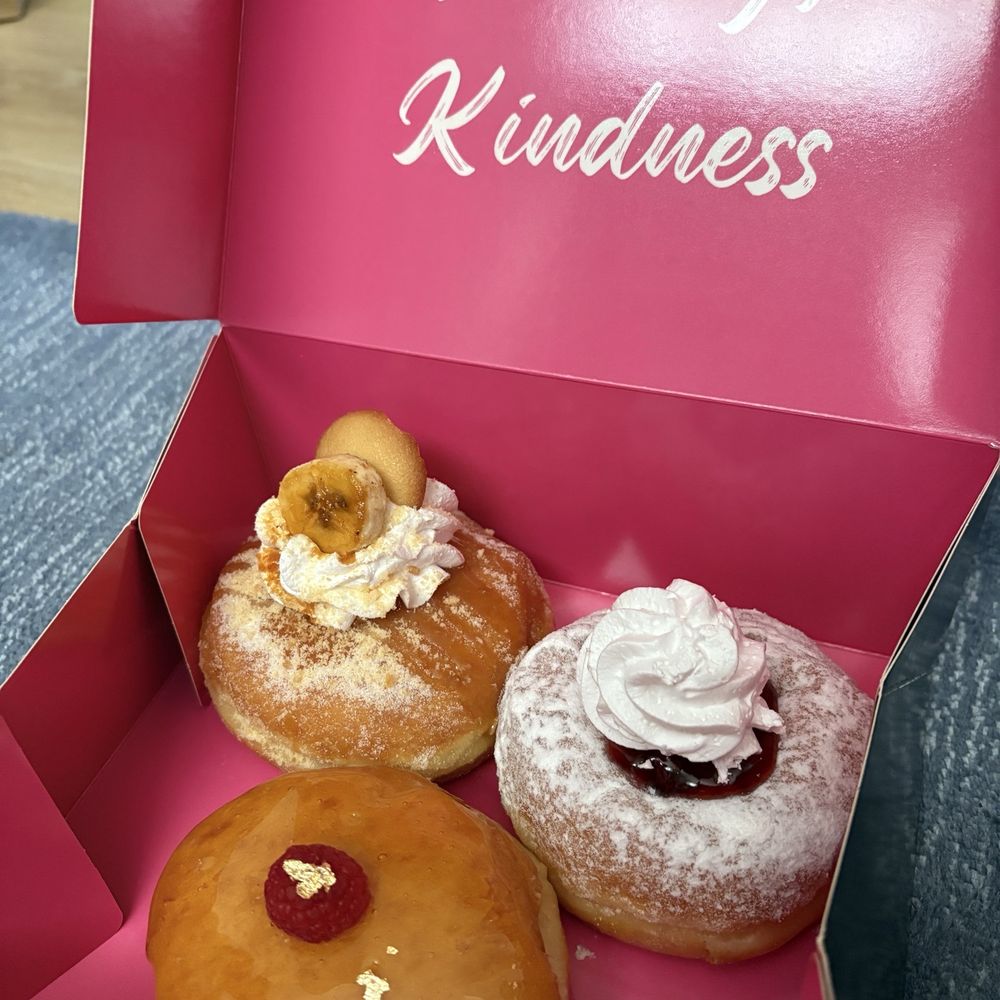 Painted Dough - Banana Pudding (top left), strawberry funnel cake (right), crème brûlée (bottom left) - Donuts Near Me - Chino, California Painted Dough - Banana Pudding (top left), strawberry funnel cake (right), crème brûlée (bottom left) - Donuts Near Me - Chino, California