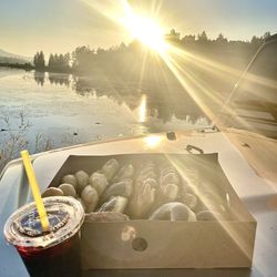 OJ's Donuts House - Iced coffee and a box of delicious OJ Donuts enjoyed at sunrise by Big Bear Lake--pure bliss!