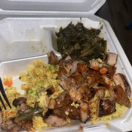 Jerk pork, island fried rice, collard greens (spicy) Jerk pork, island fried rice, collard greens (spicy)