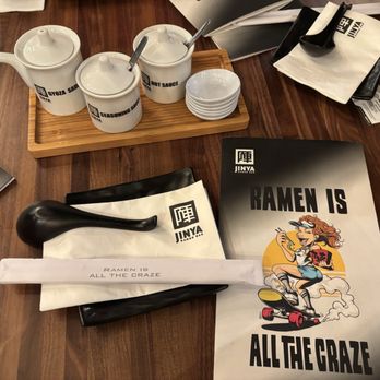 JINYA Ramen Bar - Hackensack - Table setting, sauces and menu - Tapas/Small Plates Near Me - Hackensack, New Jersey JINYA Ramen Bar - Hackensack - Table setting, sauces and menu - Tapas/Small Plates Near Me - Hackensack, New Jersey