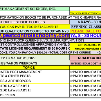 Pest Management Sciences - NEW EXPRESS 30 HOUR PESTICIDE COURSE STARTS ON MARCH 24 TO MARCH 31, 2022- GET QUALIFIED IN 6 DAYS. - Specialty Schools Near Me - Elmhurst, New York Pest Management Sciences - NEW EXPRESS 30 HOUR PESTICIDE COURSE STARTS ON MARCH 24 TO MARCH 31, 2022- GET QUALIFIED IN 6 DAYS. - Specialty Schools Near Me - Elmhurst, New York