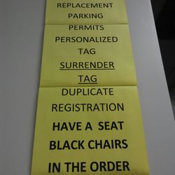 First Broward Auto Tag Agency of Lauderhill - Sign for musical chairs. No number to renew tag, just keep moving down the line of black chairs. : /