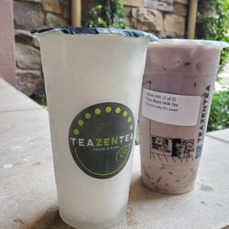 Lychee slushy and taro black milk tea 75% sweet with coconut jelly