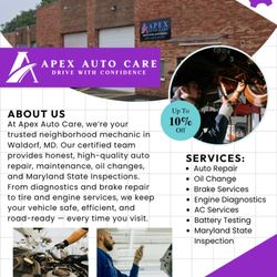 Apex Auto Care - Keep your car road-ready with Apex Auto Care--honest, expert repairs, oil changes, and Maryland State Inspections in Waldorf, MD.