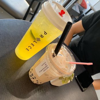 Prolece Tea - Sparkling Pineapple(super refreshing) and 1. Hazelnut House Milk Tea (cute little shovel) - Bubble Tea Near Me - Pasadena, California