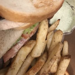 Chicken BLT, pretty good. Fat fries! So hot when dumped into the pretty little to-go box, the temp melted the dipping sauce container lid.