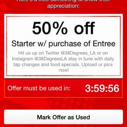 Nice offer. Used it in calamari (good) ended up paying $4. with entree Pork Cheek Sandwich $15.