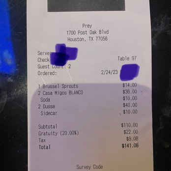 Prey - Receipt - Cajun/Creole Near Me - Houston, Texas
