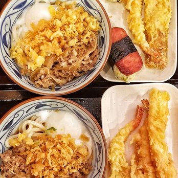 Marugame Udon - Nikutama udon. Spam musubi. Shrimp, fish cake, and squid tempura - Japanese Near Me - Costa Mesa, California Marugame Udon - Nikutama udon. Spam musubi. Shrimp, fish cake, and squid tempura - Japanese Near Me - Costa Mesa, California