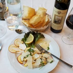 Terantiga - Warm, home made crostinis, so light and flavorful....local mushroom salad with parma Reg and a superb San Giovese from Fattoria Paradiso