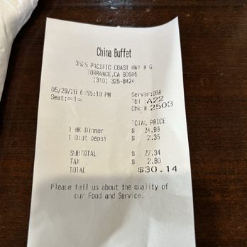 China Buffet - My receipt for 1 adult dinner and drink - Chinese Near Me - Torrance, California