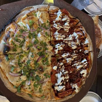 Anthony's Coal Fired Pizza & Wings - Large pizza, half shrimp scampi, half Mike's hot honey with burrata cheese - Pizza Near Me - Carle Place, New York