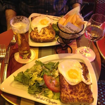 Cafe de l'Olympia - Croque Madame at forefront, Croque Poulet at rear, with French Fries $38 euro with drinks - Patisserie/Cake Shop Near Me - Paris, 75