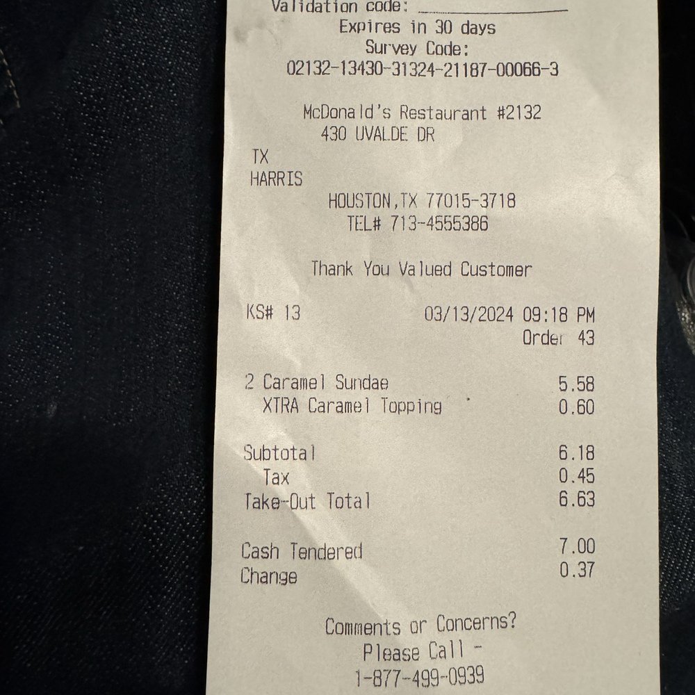 We had 2 caramel sundaes and she let all that waste in our car ! We had 2 caramel sundaes and she let all that waste in our car !
