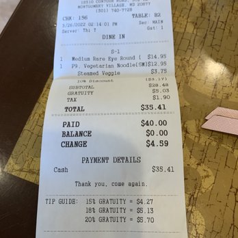 Pho & Grill Gaithersburg - Bill for 2 - including cash discount and automatic gratuity. - Vietnamese Near Me - Gaithersburg, Maryland